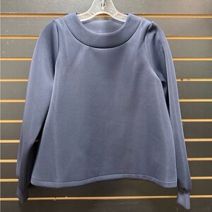 Stella & Dot Bow Back Long Sleeve Top L Navy Blue Stretch Blouse